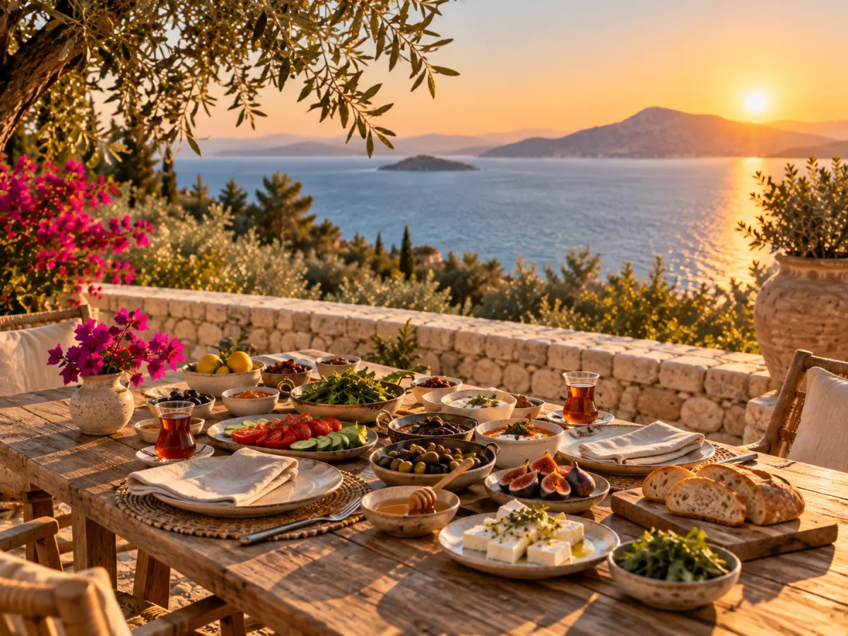 Breakfast on the terrace: cheese, olives, tomatoes, figs, honey, bread and tea glasses on a wooden table above the sea.