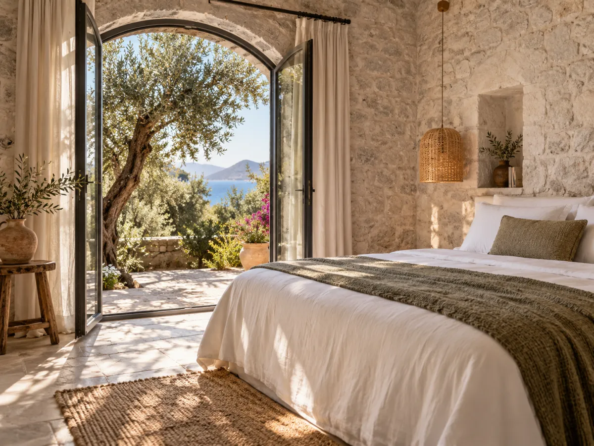 Garden Room: a white bed with an olive-green throw in a limestone room, arched glass doors open to an old olive tree and the sea beyond.