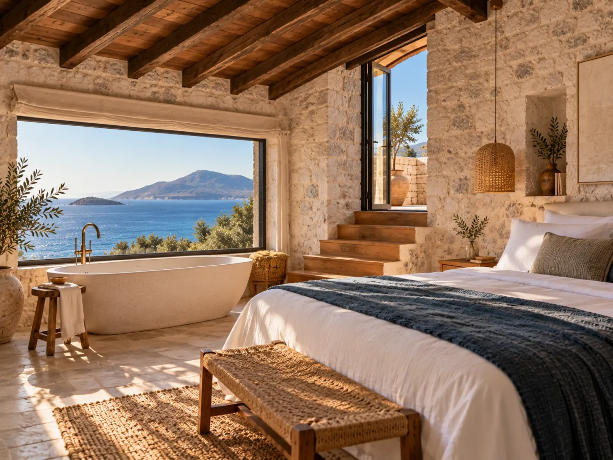 Olive Loft: a bedroom under wooden ceiling beams with a white stone bathtub at a wide sea-view window and steps up to the roof terrace.