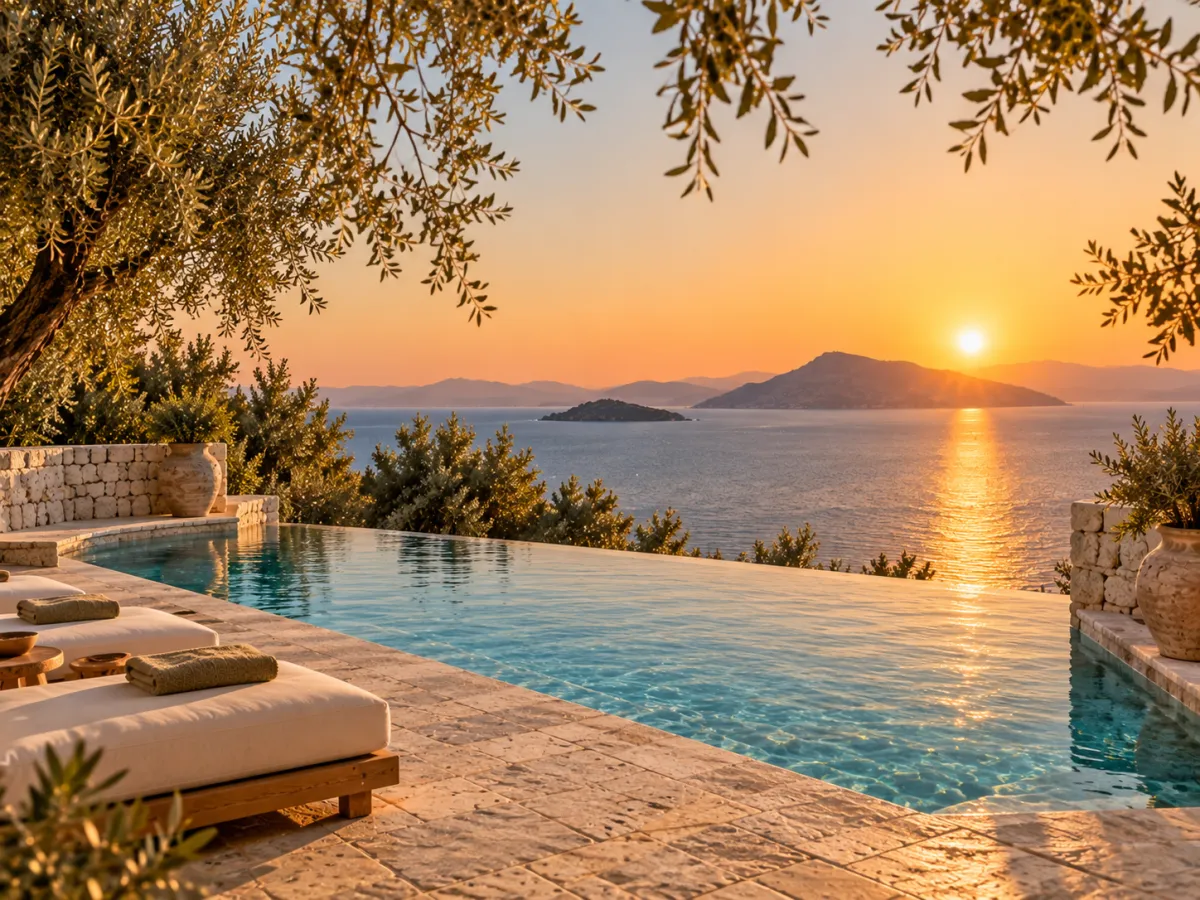 The infinity pool edged in pale stone, with sunbeds under olive trees and the sun setting behind the islands.