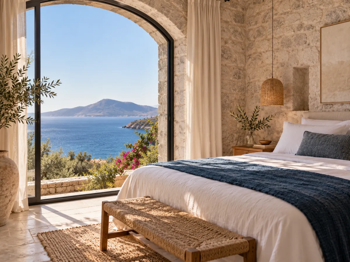 Sea View Double: a white bed with a deep blue throw beside a tall arched window over the bay, bougainvillea below and a hilly island across the water.