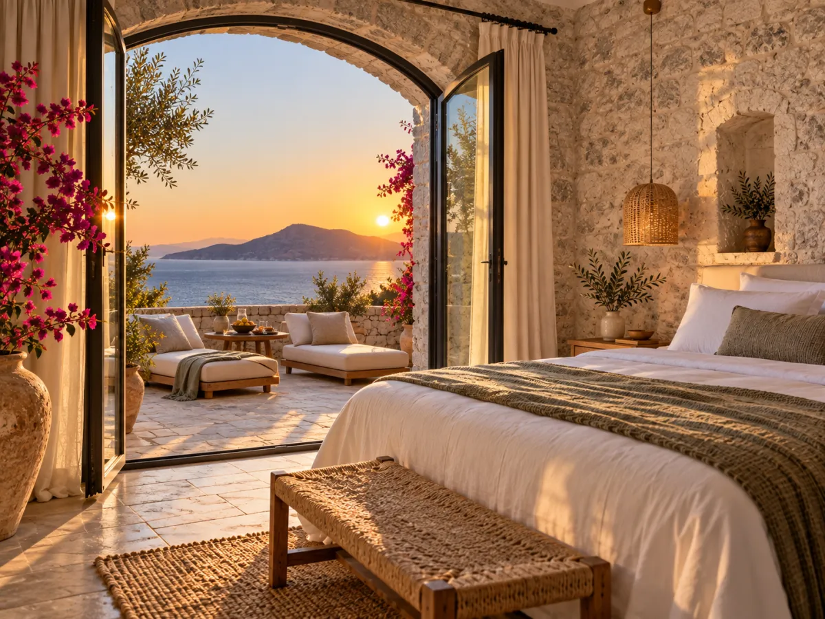 Terrace Suite: a white bed facing arched doors open to a private terrace with two loungers, bougainvillea and the sun setting over the sea.