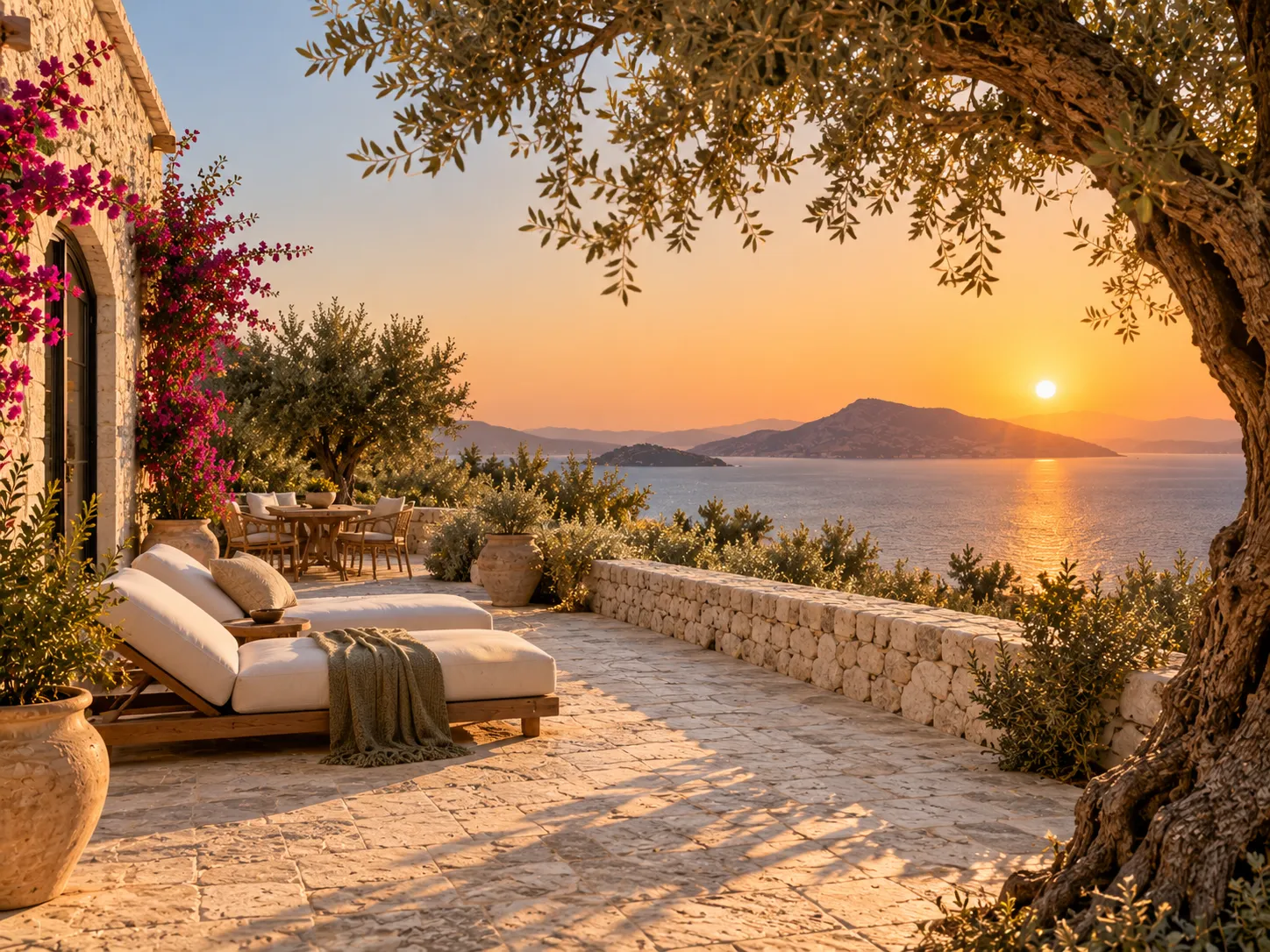 The long limestone terrace at sunset: cushioned loungers, bougainvillea on the stone wall of the house and an old olive tree above the sea.